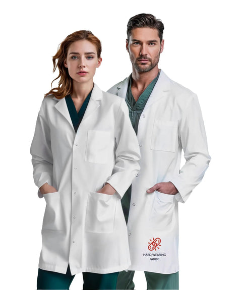 White Unisex Lab Coat With Snap Closure 40 Inch Length Pro Grade Medical Uniform Roomy Fit For Men And Women Durable Fabric All Day Comfort Work Ready Gear
