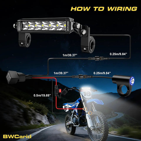 Illustration showing wiring setup for Dirt Bike LED Light Bar Kit Plug And Play Headlight With Waterproof Wiring Harness And Switch