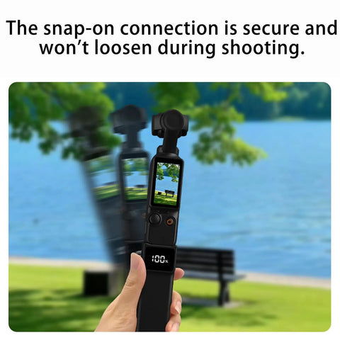 Hand holding High Capacity Battery Handle For Osmo Pocket 3 and 4 On The Go 5000mAh Power Grip with Mini Tripod by a lake