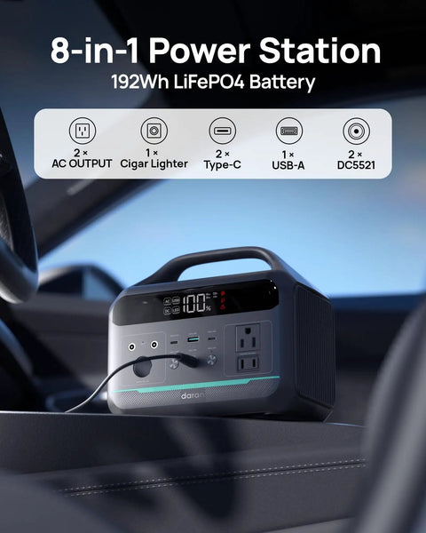 Premium Portable Power Station 300W 192Wh LifePo4 Battery Backup with multiple outlets on car console.