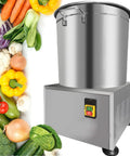 No Sweat Electric Commercial Salad Spinner 22 Liter Auto Timer Vegetable Dryer Stainless Steel with fresh vegetables on side.