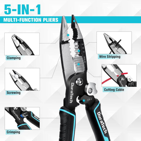 Five In One Wire Stripper And Crimping Tool With Needle Nose Pliers For Electricians 8 Inch Heavy Duty Pliers showing multi-function uses