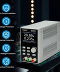 Adjustable Switching DC Bench Power Supply 0-80V 0-5A Regulated 120W With Computer Programming Enable Output Voltage And Current Curve Monitoring Function SPS8081 For Lab And Prototyping Use, front view with protection icons