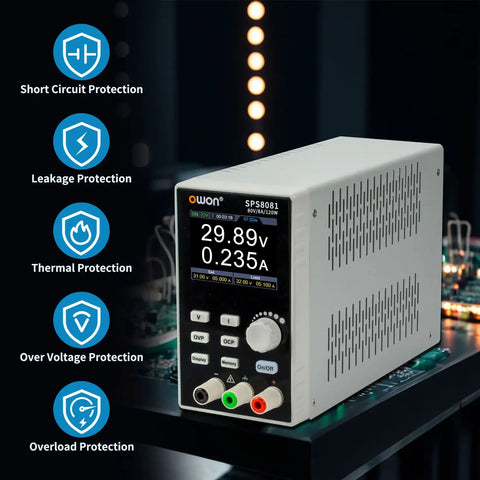 Adjustable Switching DC Bench Power Supply 0-80V 0-5A Regulated 120W With Computer Programming Enable Output Voltage And Current Curve Monitoring Function SPS8081 For Lab And Prototyping Use, front view with protection icons