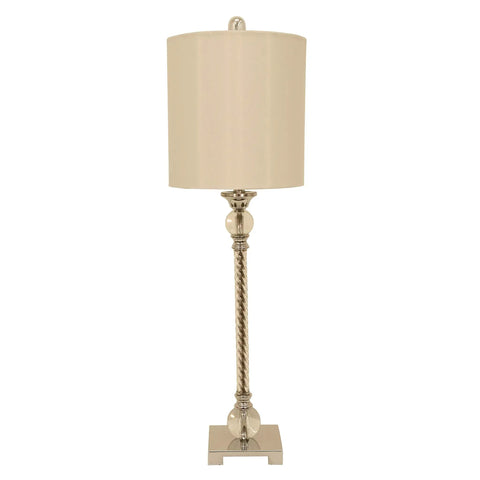Camilla Steel And Acrylic Twist Buffet Lamp In Chrome And Clear Finish With Silver Faux Silk Shade shown front view
