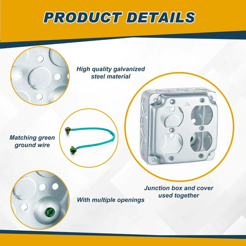 Product details showing Eight-Pack 4x4 Metal Electrical Boxes Kit With Duplex Receptacles, 1/2 Inch Knockouts, galvanized material.