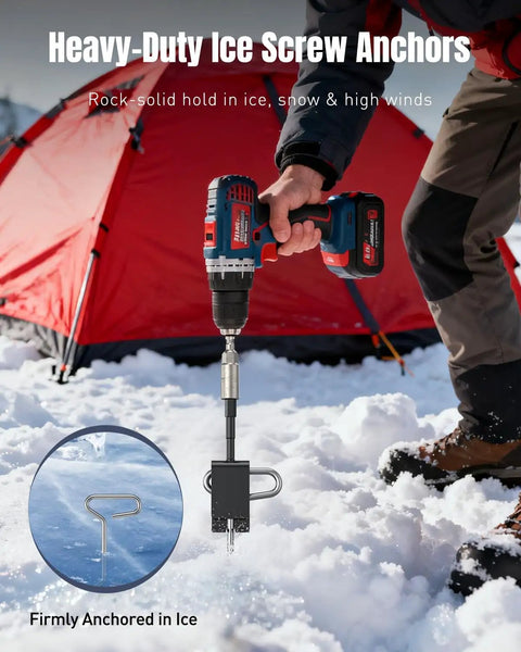 Using All In One Ice Anchor Tool Kit With 10 Pieces, cordless drill securing tent with ice screw anchors on snowy surface.