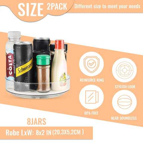 Two Pack 8 Inch Lazy Susan Turntable Organizer With Non Slip Mat And Handles for storing bottles and jars