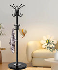 Heavy Duty Metal Coat Rack Stand With Marble Base Freestanding Hall Tree With 360 Degree Rotating Hooks 16 Hook Black Entryway Organizer For Home Or Office in living room
