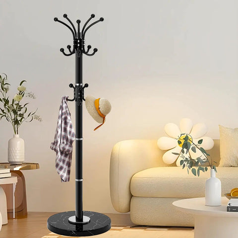 Heavy Duty Metal Coat Rack Stand With Marble Base Freestanding Hall Tree With 360 Degree Rotating Hooks 16 Hook Black Entryway Organizer For Home Or Office in living room