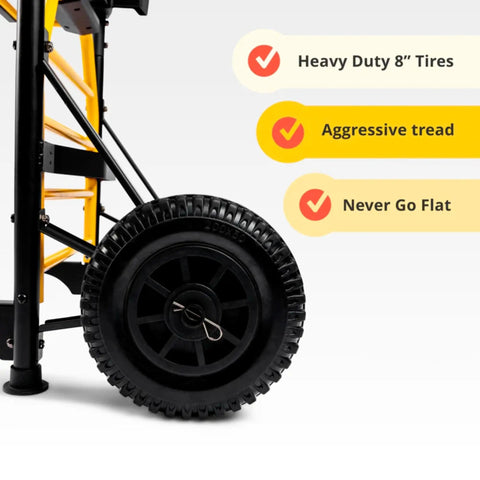 Heavy Duty 300 Lb Hand Truck That Converts To A 5 In 1 Mobile Workshop With Built In 3 Speed Fan And LED Light For Tough On Site Jobs Keeps You Cool While You Work And Makes Tool Transport A Breeze with heavy duty 8-inch tires.