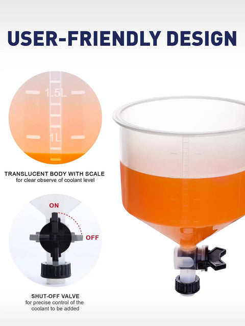 2026 Top Tier Coolant Bleeder Funnel Kit No Sweat Radiator Burping Aid with translucent body and shut-off valve for easy coolant management.