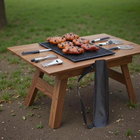 Outdoor wooden table with utensils and freshly baked pastries on a black tray, grassy background.