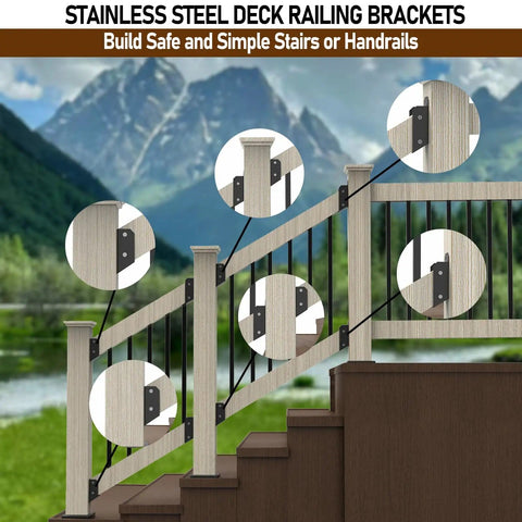 Four Pairs 35 Degree Stair Angle Deck Railing Connectors Made From 201 Stainless Steel Brackets Fits 2x4 Railing And Wood Posts For Easy Handrail Installation