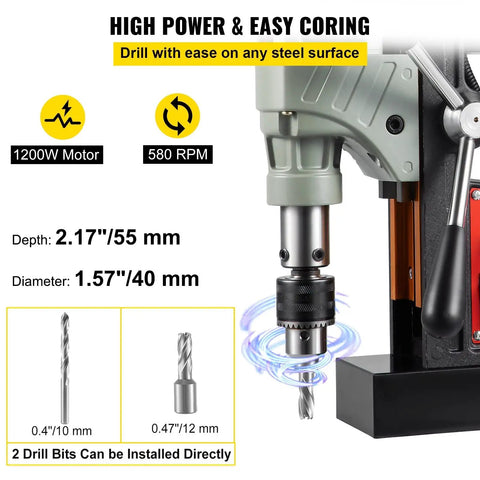 Heavy Duty 1200W Magnetic Drill Press With 40mm Capacity Bores Through Tough Steel Structures Easily features drill depth and bit sizes.