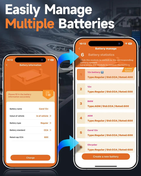 BT60 Bluetooth Battery Tester For 12V Vehicles 100 To 2000 CCA Load Tester With Wireless App Control IOS Pro Grade Smart Diagnostic Tool For Quick Daily Battery Checks, app screens