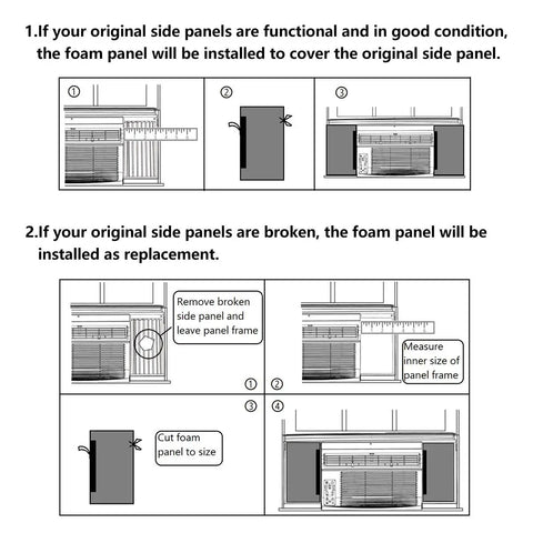 Illustration of Window Air Conditioner Foam Insulation Panels Kit Two Pack Black Seventeen Inch High Nine Inch Wide Seven Eighths Inch Thick Universal Fit For Most Window Units Seals Out Dust Pollen Insects Heat And Drafts Keeps Your Room Cool 5000 To 22000 BTU installation guide and replacement instructions for broken panels.
