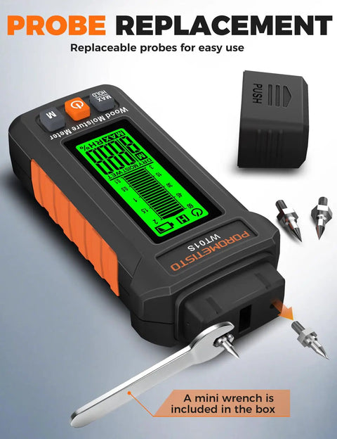 5 In 1 Moisture Meter For Wood And Building Materials With Three-Color Alert, Five Detection Modes, High-Precision Probe Built Built with replaceable probes and mini wrench