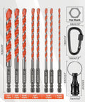 17-piece concrete drill bit set with hex shank (5/32–1/2 in), carbide bits, and bit holder with carabiner.