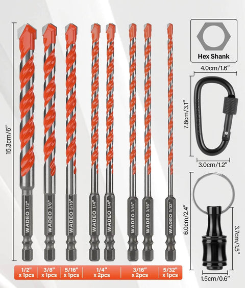 17-piece concrete drill bit set with hex shank (5/32–1/2 in), carbide bits, and bit holder with carabiner.