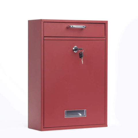 Wall Mounted Locking Vertical Dropbox Mailbox For Ultra Secure Mail Delivery In Durable Galvanized Steel Large Red With Full Open Bin Door And Two Keys For Easy Deposits And Magazine Drops displayed against a white background