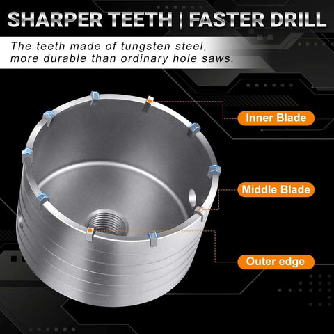 4-inch masonry hole saw kit with SDS Plus Max shank; carbide teeth on steel body