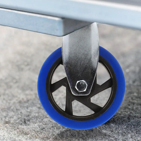 Close-up of Heavy Duty Five Inch Fixed Workbench Caster Wheels With Premium Black Rubber Tires mounted on metal for stable, quiet usage.