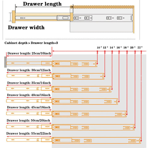 Size chart for Stainless Steel Three Section Drawer Slides With Full Extension Ball Bearing Runners For Home Cabinets, 30cm