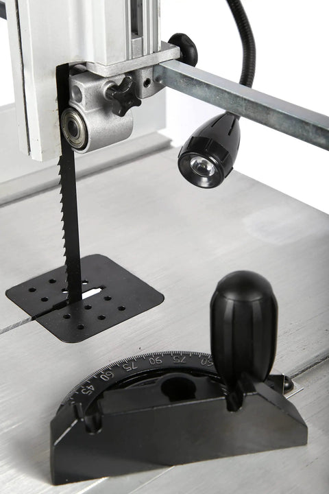 Close-up of Two Speed 14 Inch Band Saw With Stand DIY Friendly Black 9.5 Amp Motor Delivers Up To 8.85 Inch Cutting Depth