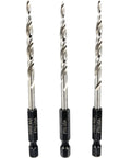 Three Piece Countersink Drill Bit Set With Wicked Sharp Tapered Edges And Heavy Duty Hex Shank featuring HSS steel, designed for precise wood drilling.