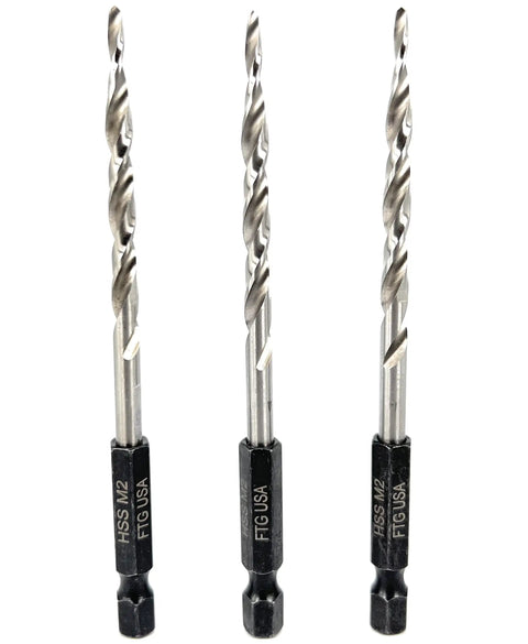 Three Piece Countersink Drill Bit Set With Wicked Sharp Tapered Edges And Heavy Duty Hex Shank featuring HSS steel, designed for precise wood drilling.