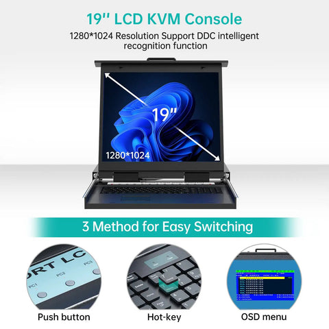 Level Up Your Data Center Game With This Top Shelf 19 Inch LCD KVM Console displaying 1280x1024 resolution and switching options.