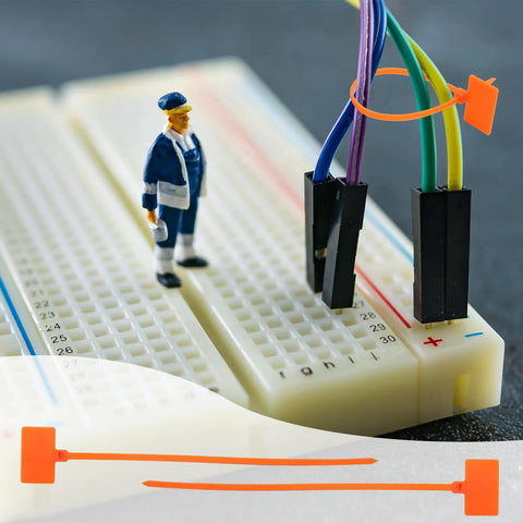 Quick Fix 50 Pack Orange Marker Cable Ties With Blank Labels For Straight Up Wire Grouping on a breadboard with wires.