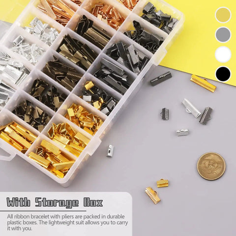 All In One DIY Jewelry Making Kit With 701 Pcs Ribbon End Clips And Pliers with storage box and components displayed