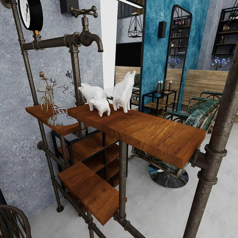 Industrial pipe shelf with walnut wood grain contact paper, showcasing decor in a modern room setting.