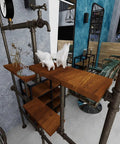 Industrial shelf with wooden shelves and decor in modern room