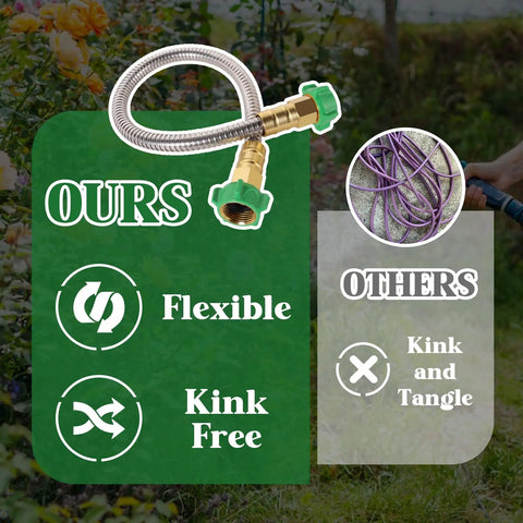 Comparison of 2-Foot Female To Female Garden Hose Connector With Metal Reel Adapter vs. tangled hose, flexible, kink-free stainless steel design