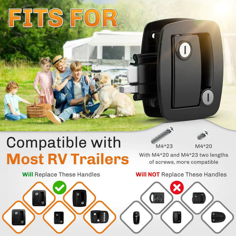 RV Door Lock Replacement With Paddle Deadbolt For RV Entry Doors On Travel Trailers, Horse Trailers And Cargo Haulers, 100 Percent Metal Camper Door Latch Handle, Ultra Durable Die Cast Alloy Security shown in outdoor setting with family and RV