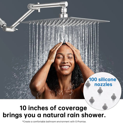 Person enjoying All Metal 10 Inch Rain Shower Head With 13 Inch Adjustable Brass Extension Arm, High Pressure Rainfall Shower Head