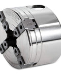 G3 Wood Lathe Chuck Kit With 3 Jaw Sets 2 Inch Standard 4 Inch Bowl Jaws And 1 Inch Pin Jaws Insert Version With ISNS 5 By 8 Plainbore Shopsmith Insert For Pro Level Turning And Green Wood Control, side view of metal lathe chuck.