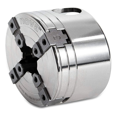 Pro-Tek G3 Wood Lathe Chuck Set With 2 Inch Pro-Tek Jaws, Woodworm Screw, Deluxe Storage Box, Direct Thread 1x8 TPI, No Inserts, Nickel Plated For Rust Resistant Green Wood Turning, showing angle with jaws closed.