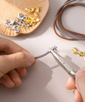 Using pliers to attach 6-Piece Cord End Caps With Lobster Clasps, 4mm leather cord ends jewelry clasps, gold and silver, DIY projects.