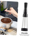 Game Changer 3 Piece Espresso Coffee Powder Stirrer Set Heavy Duty Stainless Steel Wands and Precision Needles in use mixing coffee grounds.