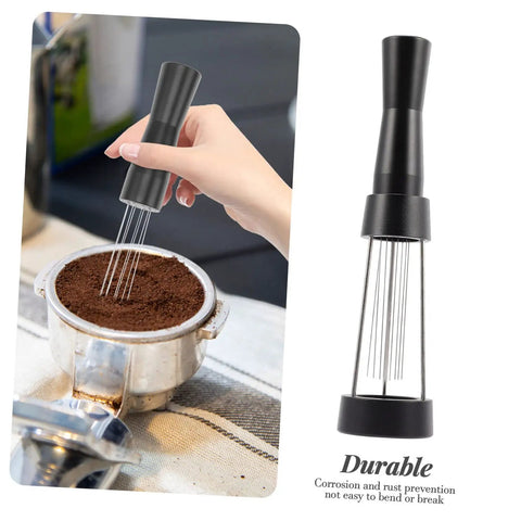 Game Changer 3 Piece Espresso Coffee Powder Stirrer Set Heavy Duty Stainless Steel Wands and Precision Needles in use mixing coffee grounds.