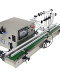 Automatic Liquid Filling Machine With Magnetic Pump And Four Eight Millimeter Nozzles Handles Five To One Thousand Milliliter Bottles On A Fifty Six Inch Conveyor Belt, view from side.