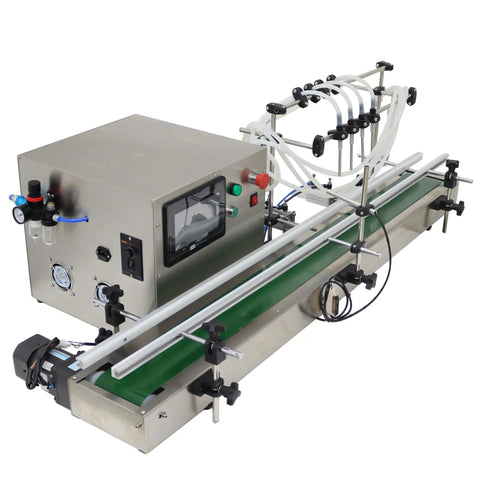 Automatic Liquid Filling Machine With Magnetic Pump And Four Eight Millimeter Nozzles Handles Five To One Thousand Milliliter Bottles On A Fifty Six Inch Conveyor Belt, view from side.
