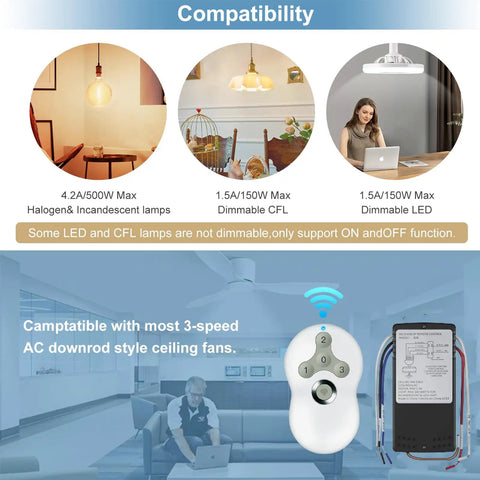 Universal Ceiling Fan Remote Control Kit Dimmable Replacement for Hunter Hampton Bay Harbor Breeze compatibility diagram