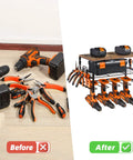Before and after using 2 Pack Power Tool Organizer Wall Mount Kit For Garage Storage, Heavy Duty Drill Holder And Cordless Drill Rack