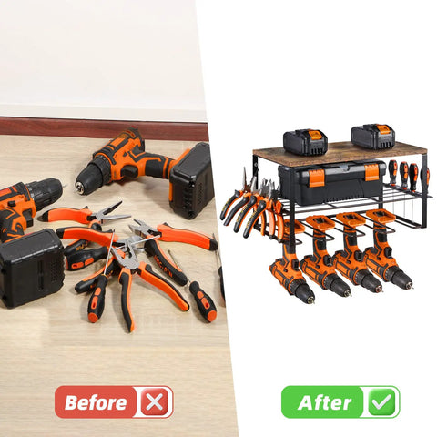 Before and after using 2 Pack Power Tool Organizer Wall Mount Kit For Garage Storage, Heavy Duty Drill Holder And Cordless Drill Rack