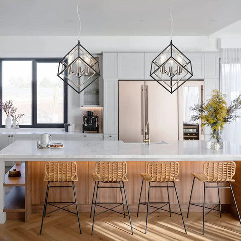 Geometric Black Chandelier With Chrome Finish Vintage Mid Century Modern 3 Light Farmhouse Ceiling Light Fixture over kitchen island